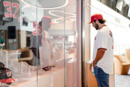 baseball player looks into glass case of accolades, side view
