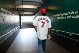 baseball player with back to camera walks down tunnel on way to field