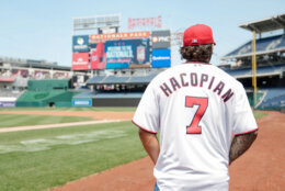 baseball player pictured from behind staring out at empty baseball stadium
