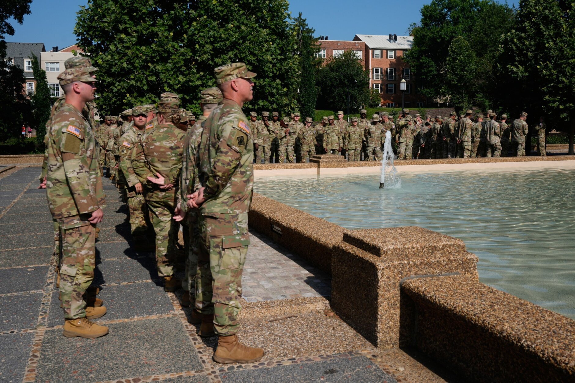 National Guard soldiers wait for Defense Secretary Pete Hegseth's arrival at a D.C. Safe and Beautiful Task Force ceremony at Meridian Hill Park in Northwest D.C. on July 2.
