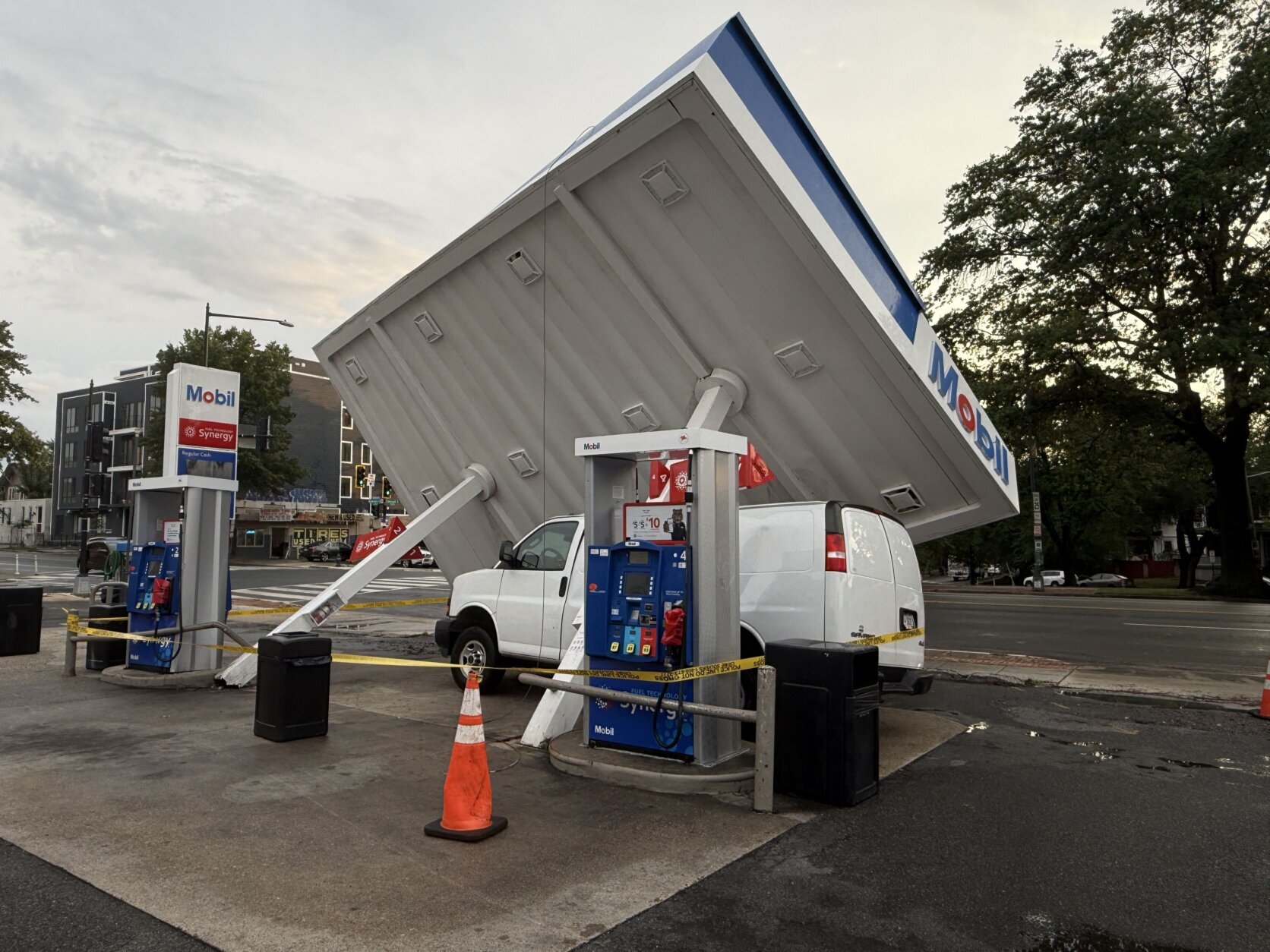Gas station canopy toppled