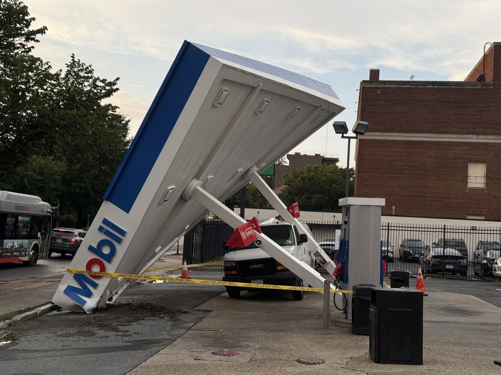 Gas station canopy toppled