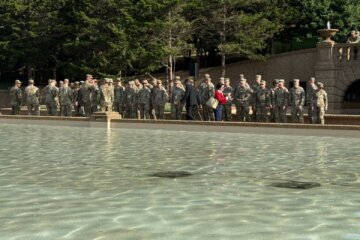 National Guard troops in front of the Meridian Hill Park fountain
