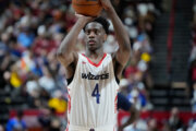 Washington Wizards' AJ Dybantsa shoots against the Sacramento Kings during the first half of an NBA Summer League basketball game Sunday, July 12, 2026, in Las Vegas. (AP Photo/John Locher)