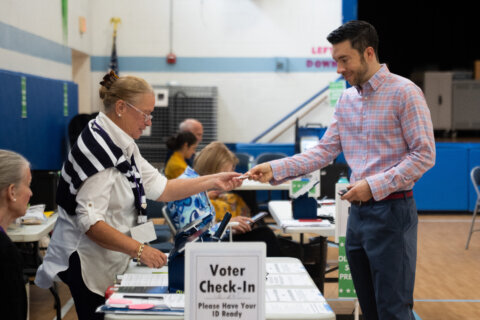 A voter checks in at Lyles-Crouch Traditional Academy for the Virginia primary election, Tuesday, Aug. 4, 2026, in Alexandria, Va. (AP Photo/Allison Robbert)