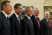 Trump goes unmentioned but not ignored as Clinton, Bush and Obama step up as essayists on presidents