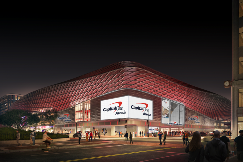 A look at the newest rendering of the exterior of the Capital One Arena during its major renovation. (Courtesy Monumental Sports)