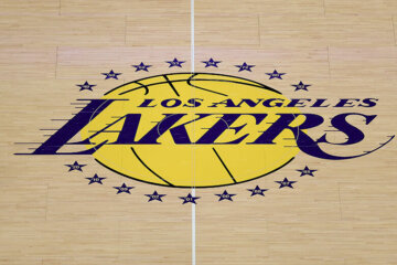 A detailed view of the Los Angeles Lakers logo at midcourt before the game against the Golden State Warriors at Crypto.com Arena on Oct. 21, 2025, in Los Angeles, California. (Photo by Luke Hales/Getty Images)
