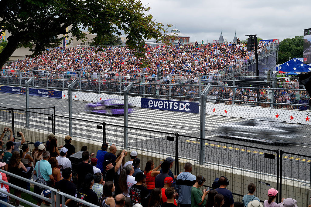 Spectators pack the stands to watch the IROC practice laps