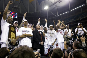 Maryland celebrates after defeating Indiana to win the Men's NCAA National Championship game at the Georgia Dome in Atlanta, Georgia