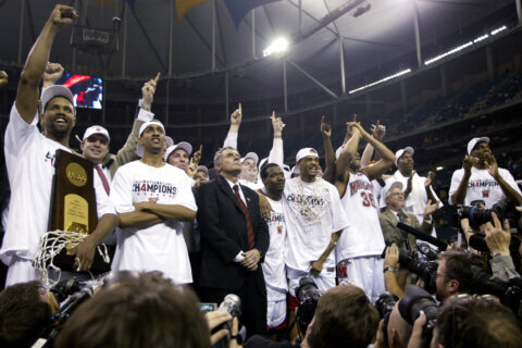 Maryland celebrates after defeating Indiana to win the Men's NCAA National Championship game at the Georgia Dome in Atlanta, Georgia