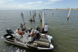 Six guys in a boat weighed down by more than 30 bags full of oyster shells