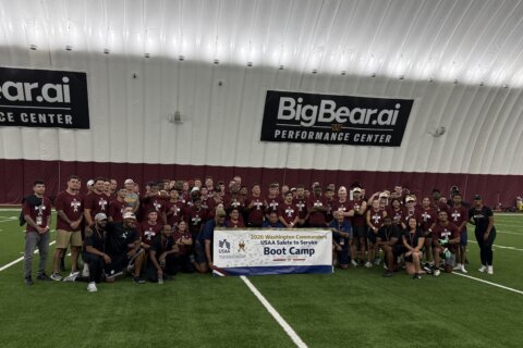 About 100 active duty members from all branches of the military gathered inside the bubble at Commanders Park on Friday Afternoom. For them it was another day of drilling – except this time it was NFL Combine style drills.