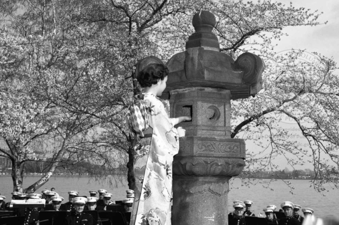 This is a photo from the presentation of a nearly 300-year-old Japanese Stone Lantern at the Tidal Basin in 1953, less than a decade after World War II.