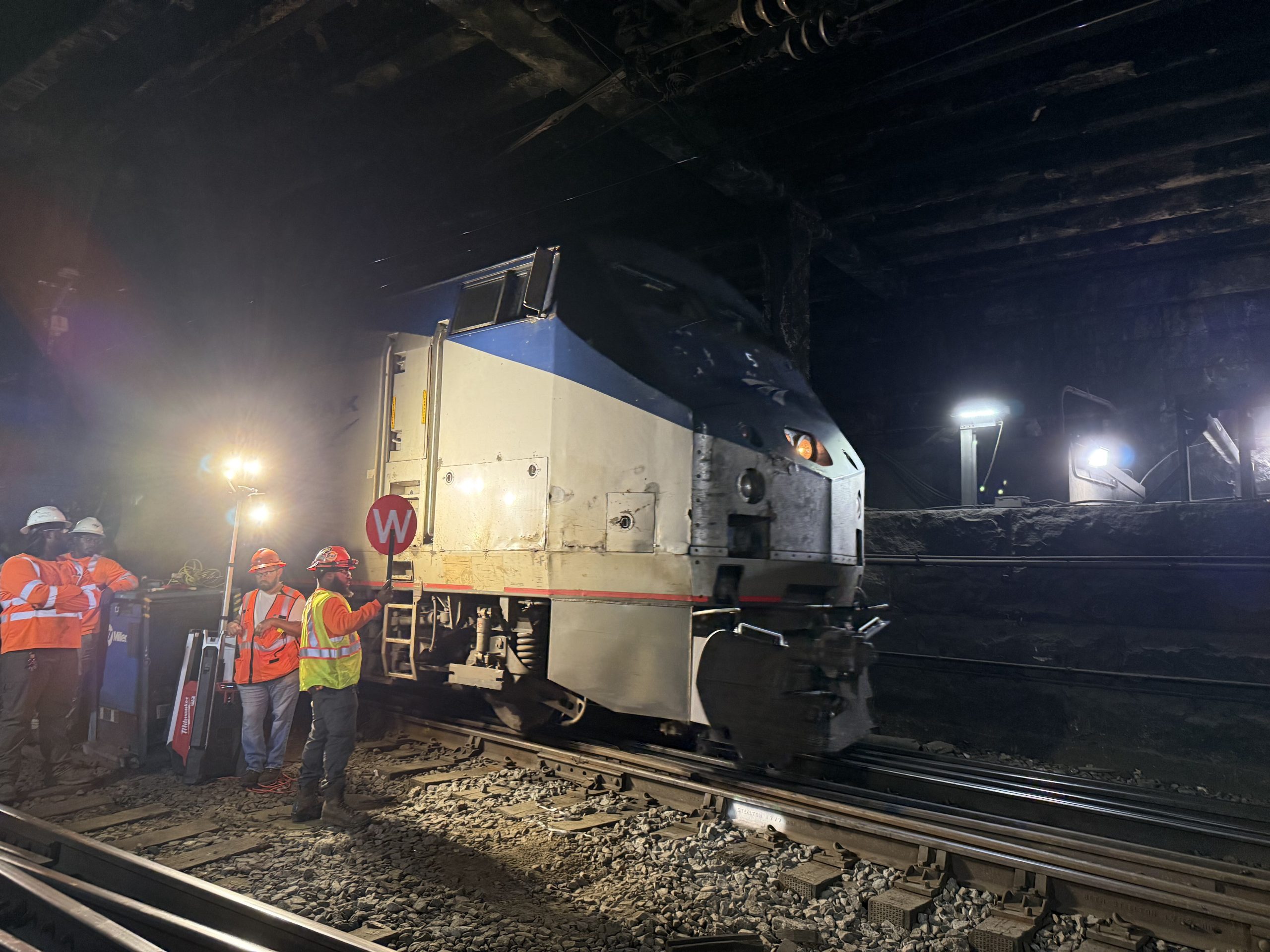Amtrak train inside the First Street Tunnel