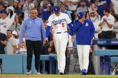 Dodgers’ Freddie Freeman somehow avoids serious injury in frightening fall into visitors’ dugout