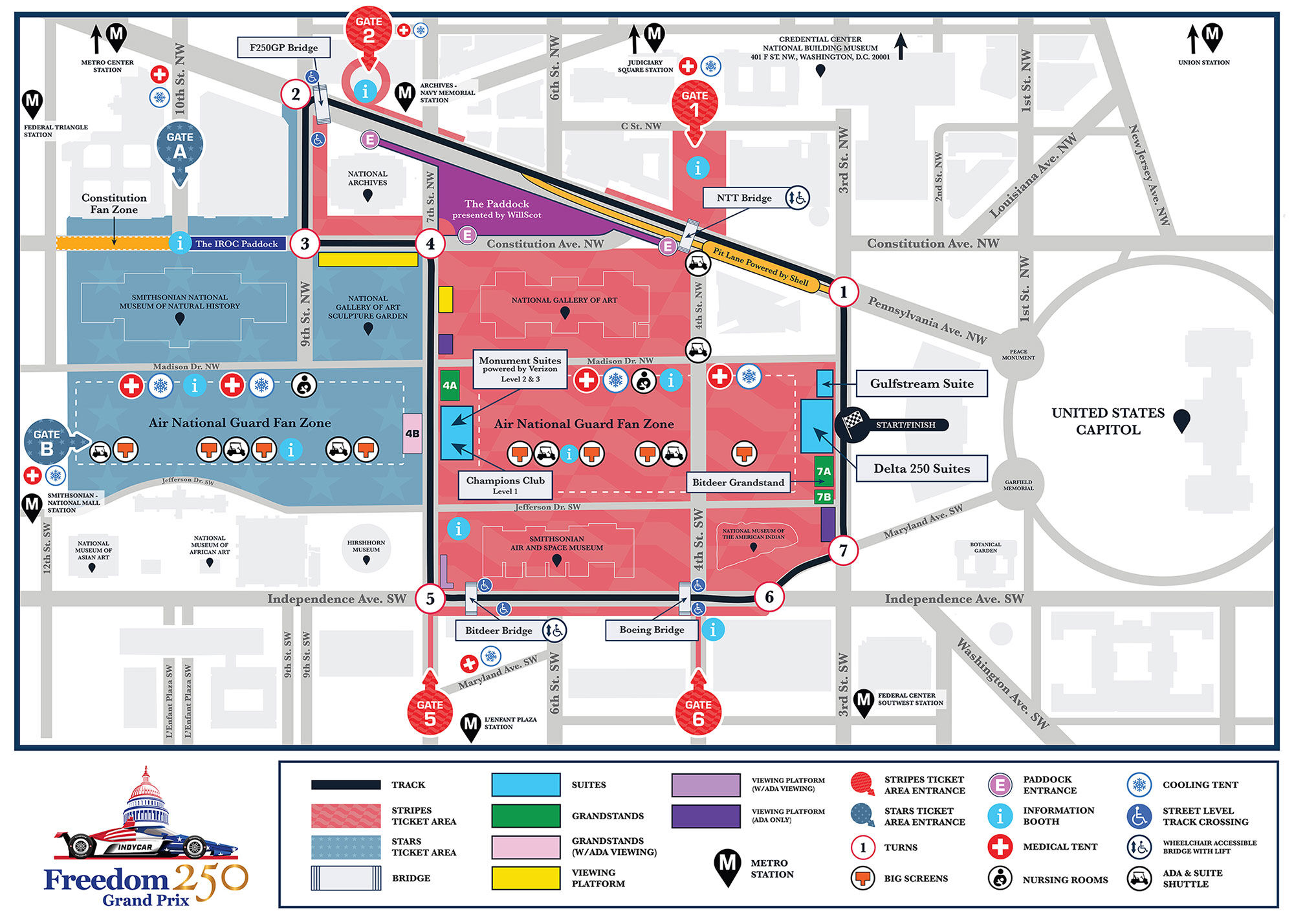 a map of a race track in downtown DC and fan zones